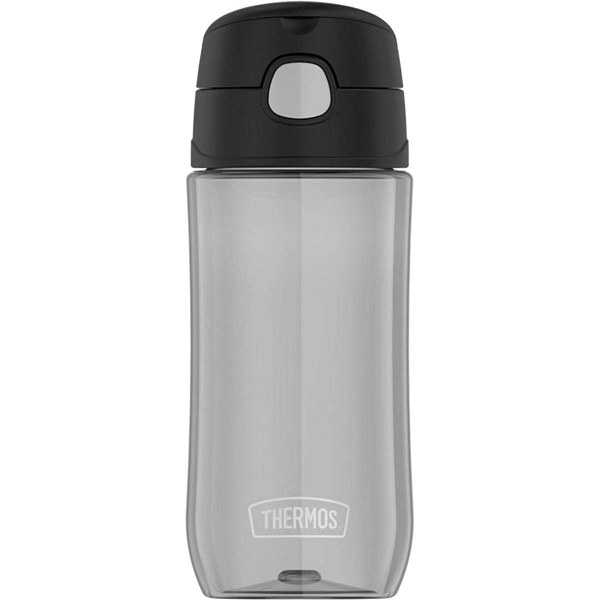 Clear thermos bottle with black lid on a white background