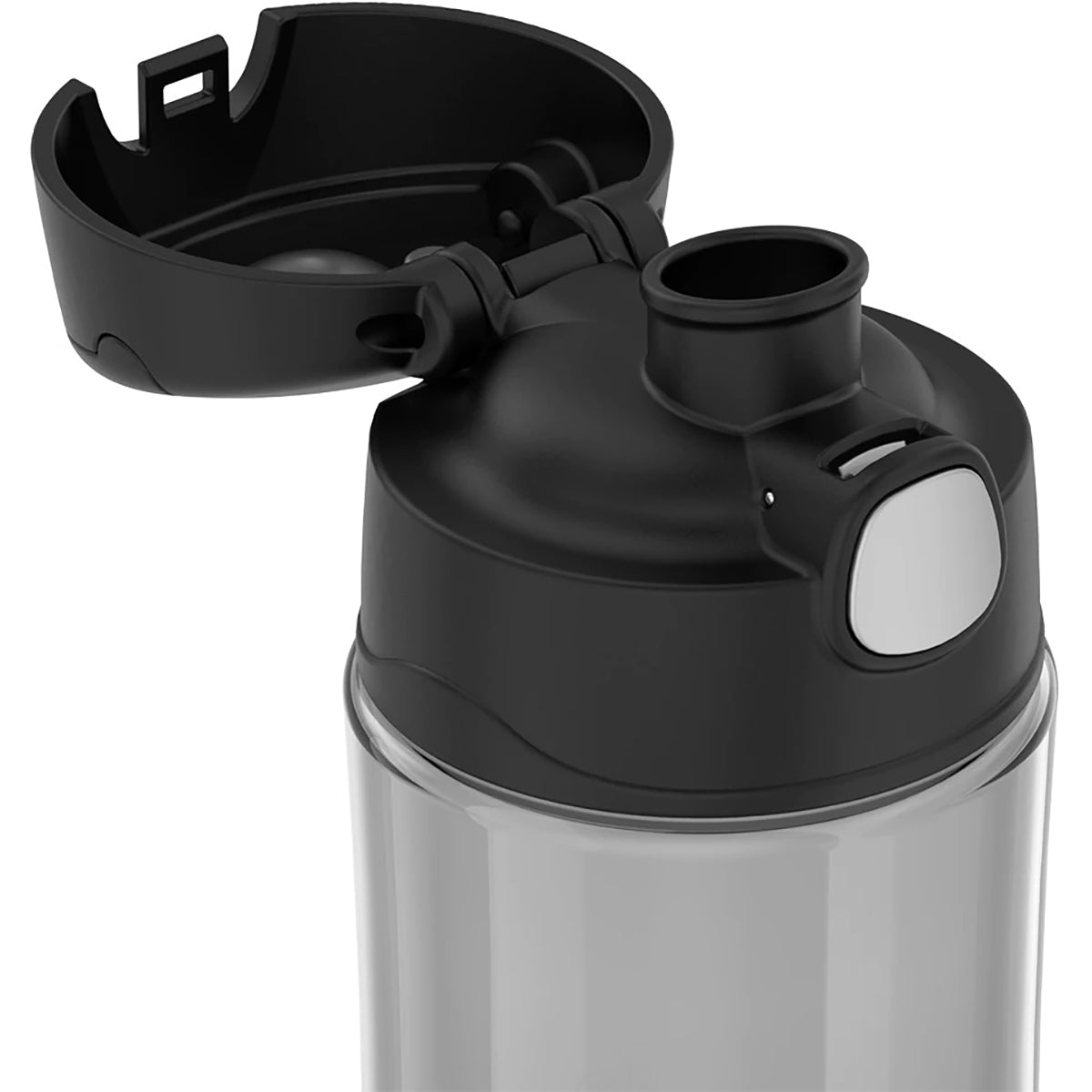 Black and silver insulated drink container with lid on a white background