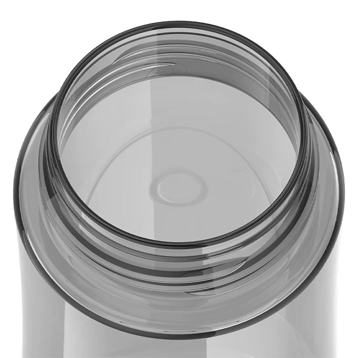 Close-up of a clear plastic container with a black lid on a white background