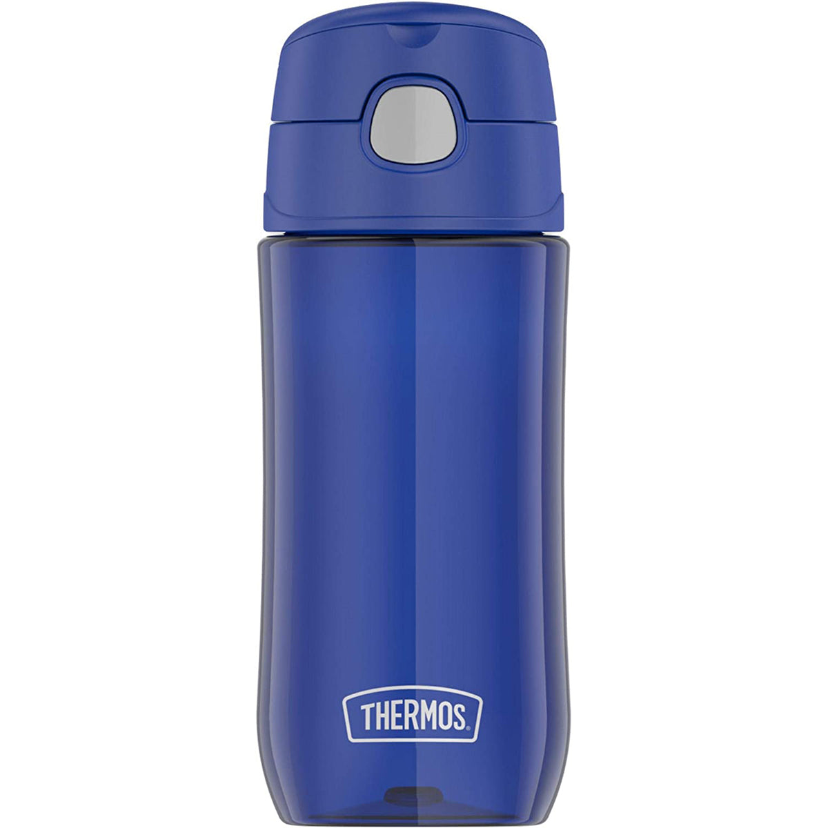 Blue thermos bottle with Thermos logo on a white background