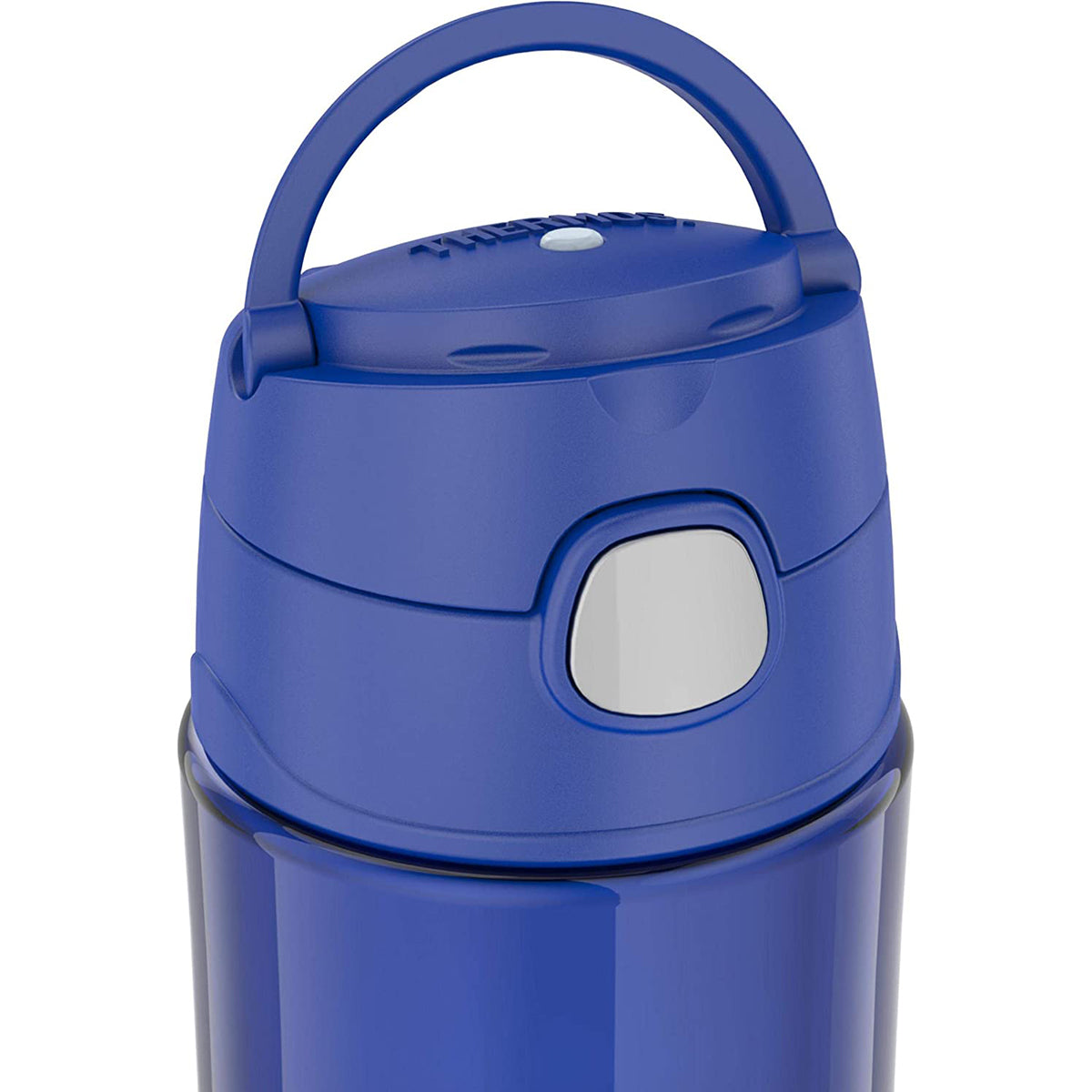 Blue thermos with handle on a white background