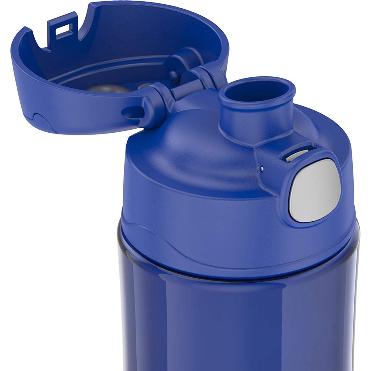 Blue water bottle with a straw lid on a white background