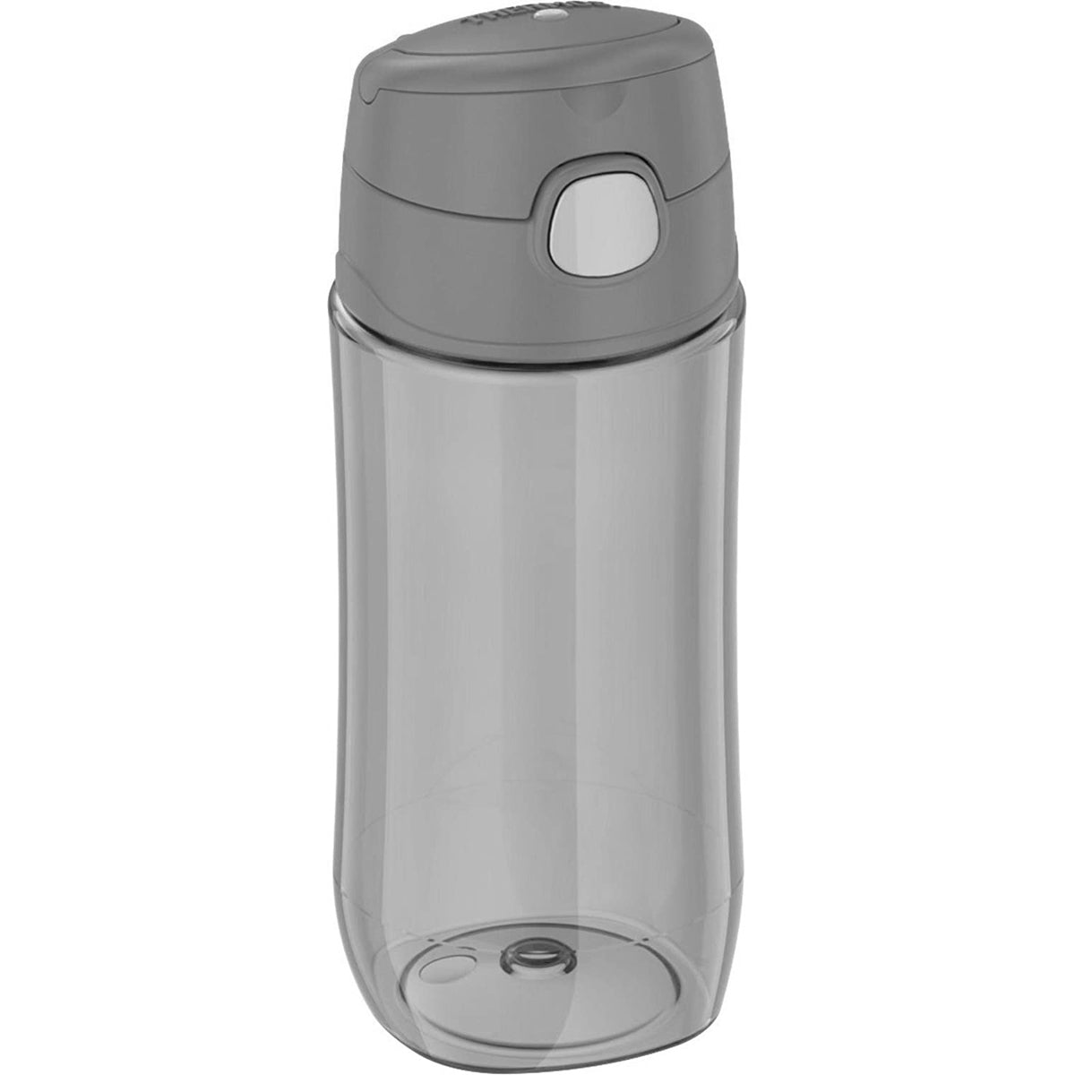 Clear water bottle with gray lid on a white background