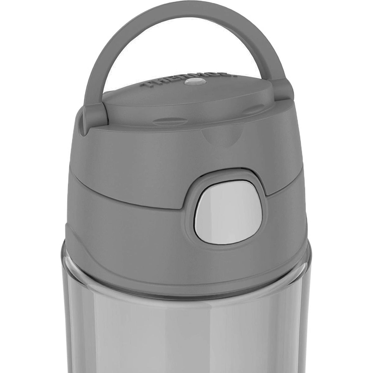 Gray insulated bottle with a handle on a white background