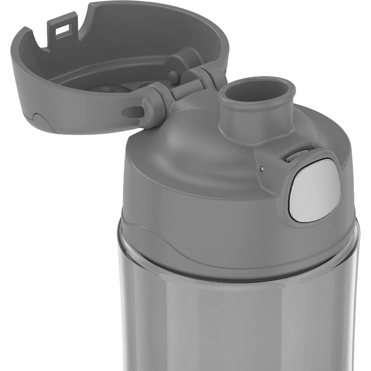 Gray water bottle with a flip lid on a white background