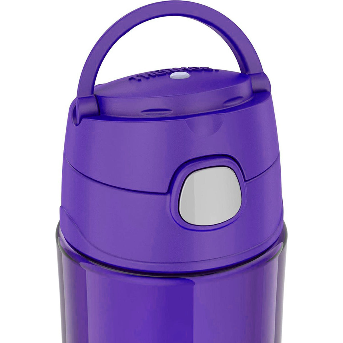 Purple thermos with handle on a white background