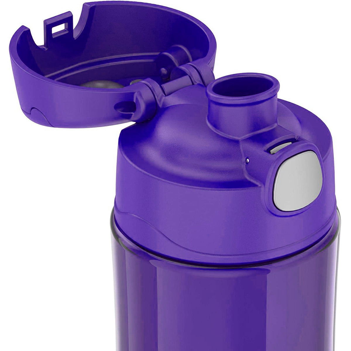Purple water bottle with a cap on a white background