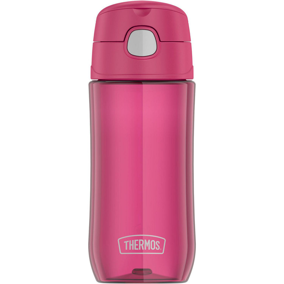Pink thermos bottle with Thermos logo on a white background