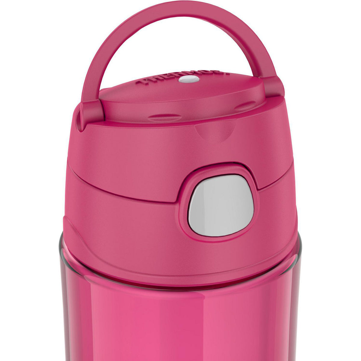 Pink water bottle with handle on a white background