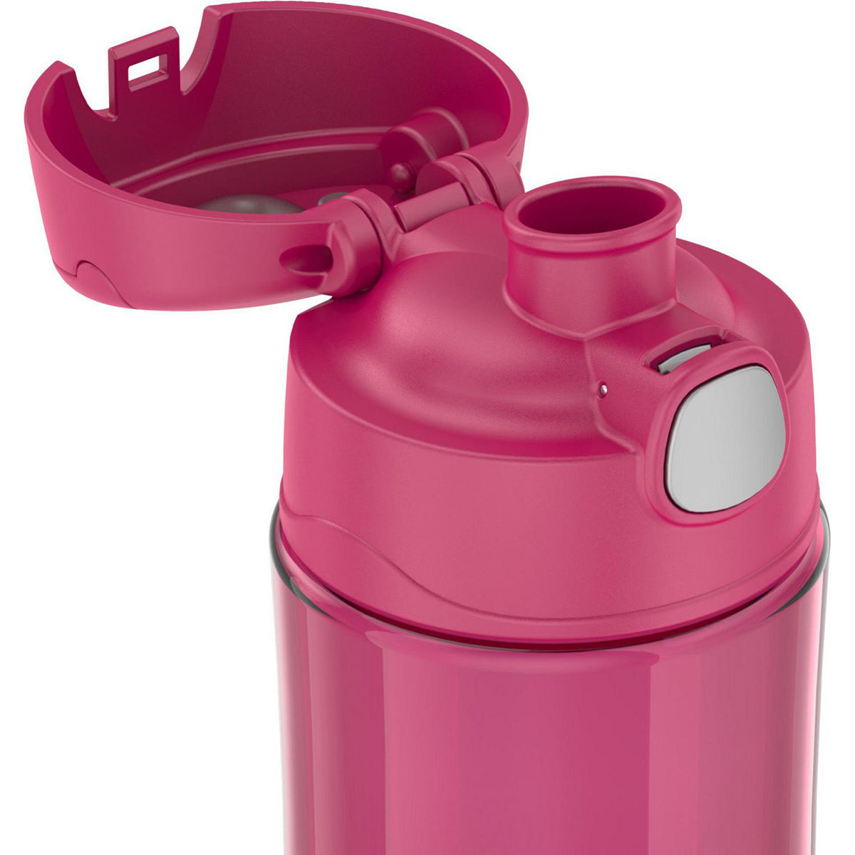 Pink water bottle with a lid on a white background