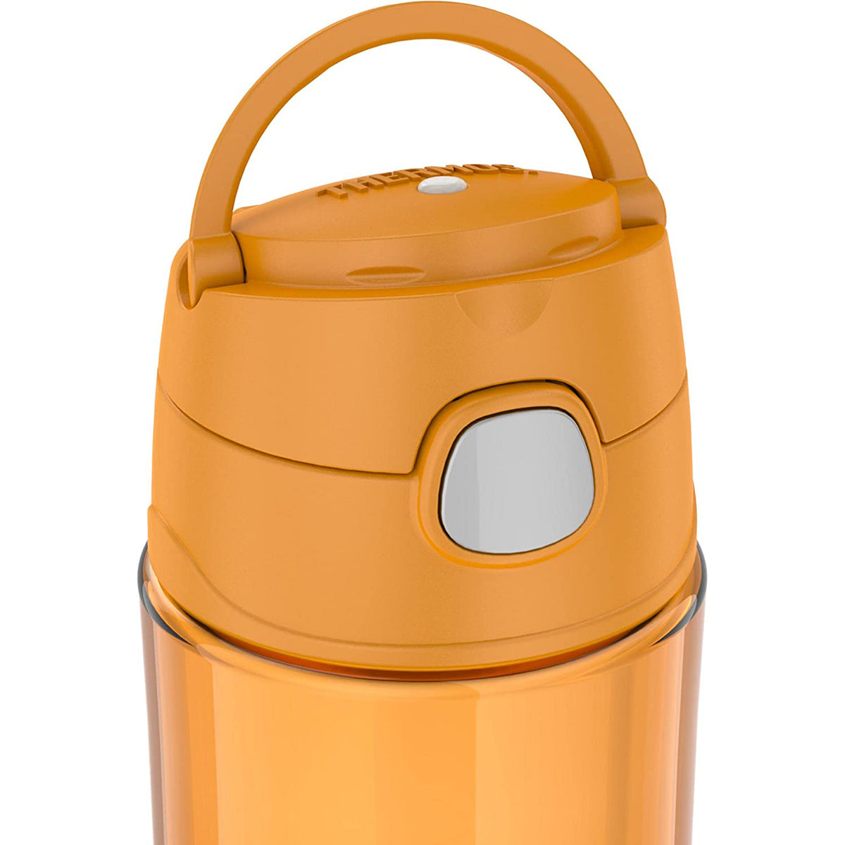 Orange thermos with handle on a white background