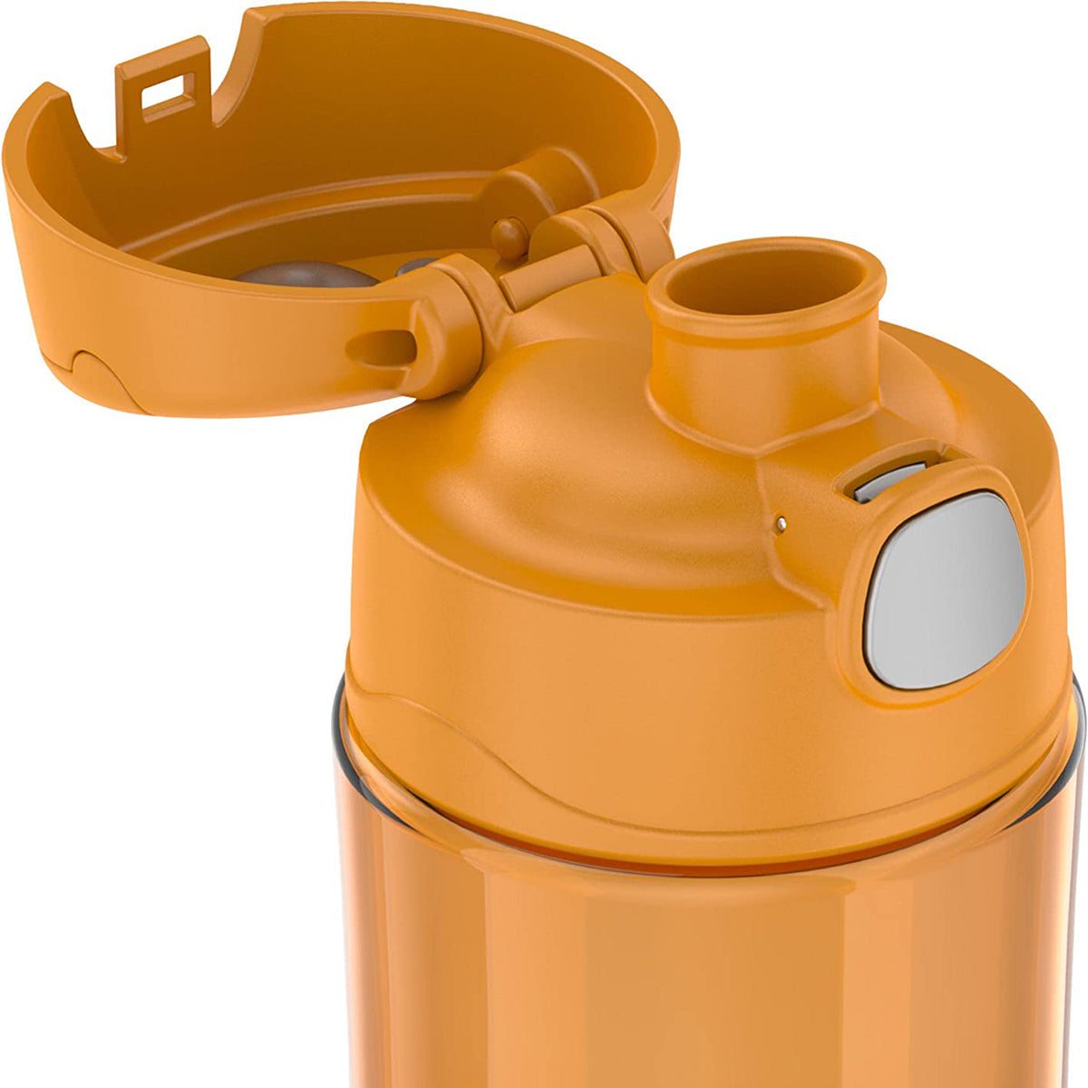 Orange water bottle with a lid on a white background