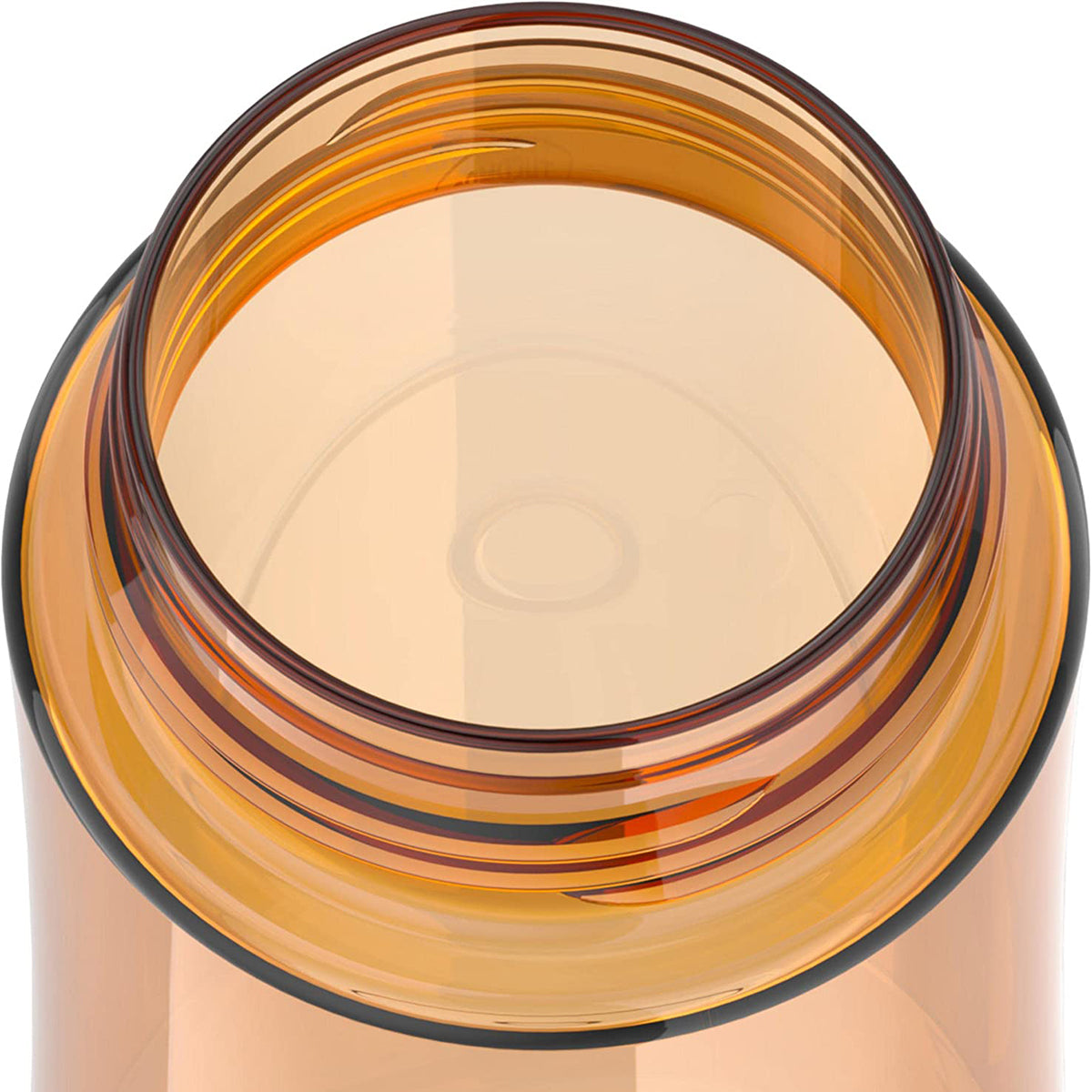 Close-up of a brown glass container with a black rim on a white background
