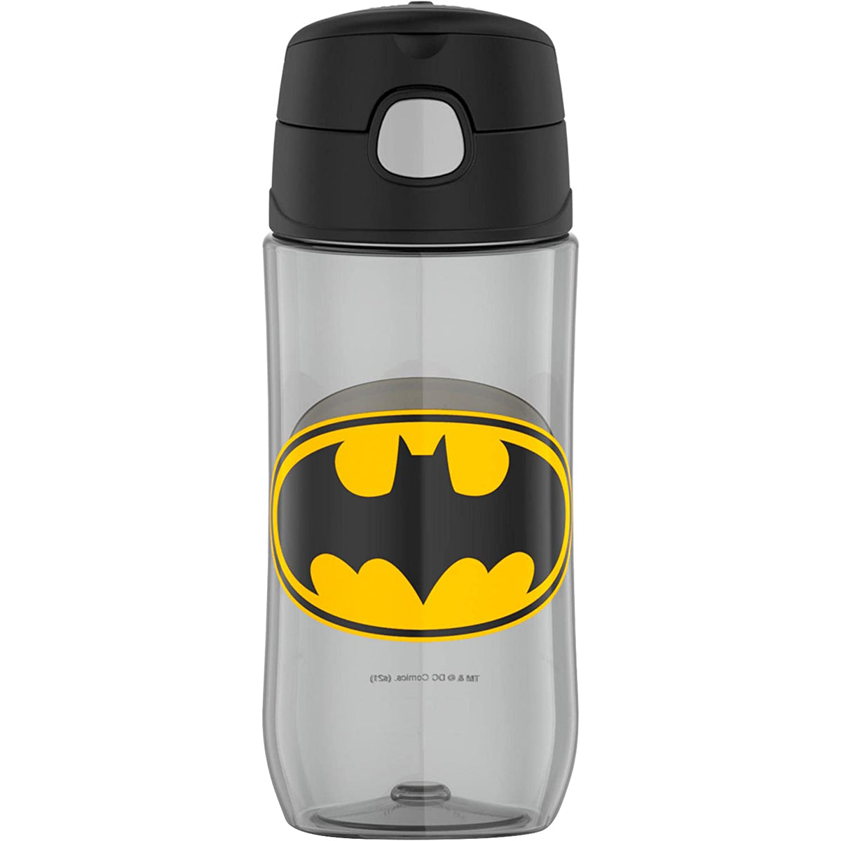 Clear water bottle with Batman logo on a white background
