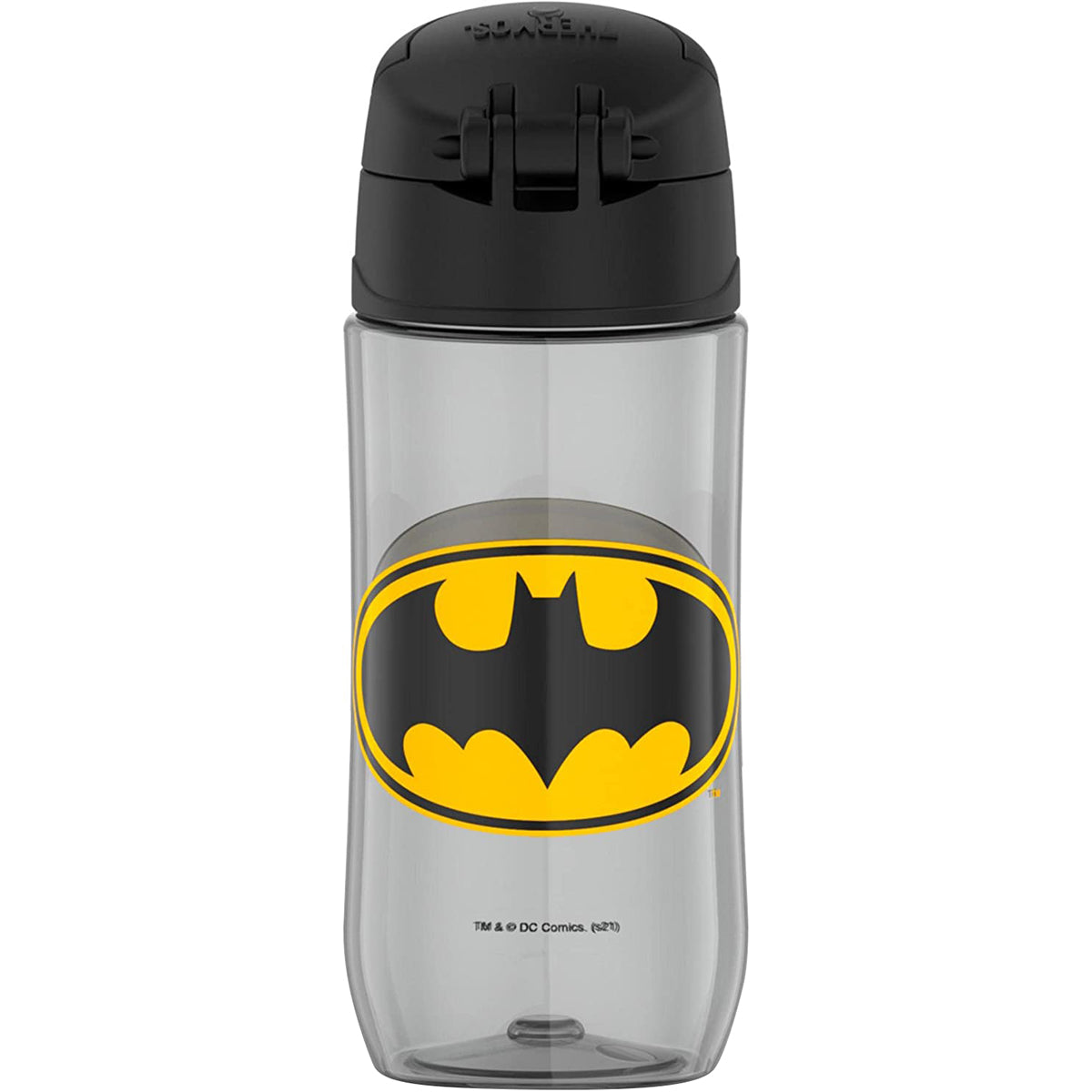 Clear water bottle with Batman logo and black lid on a white background
