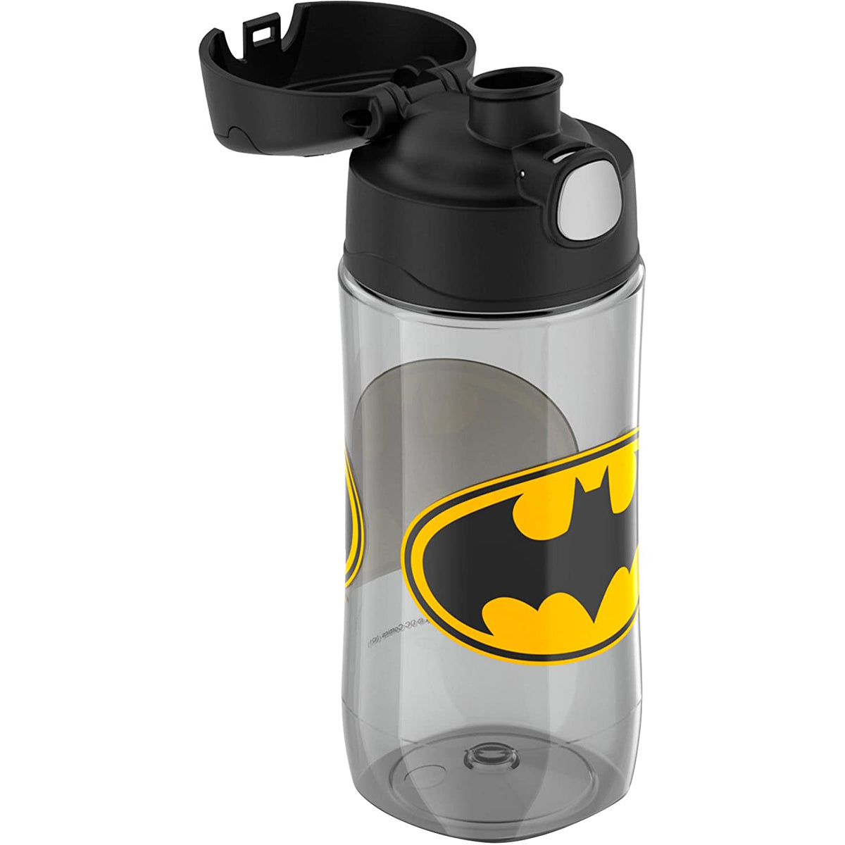 Clear water bottle with Batman logo and black lid on a white background