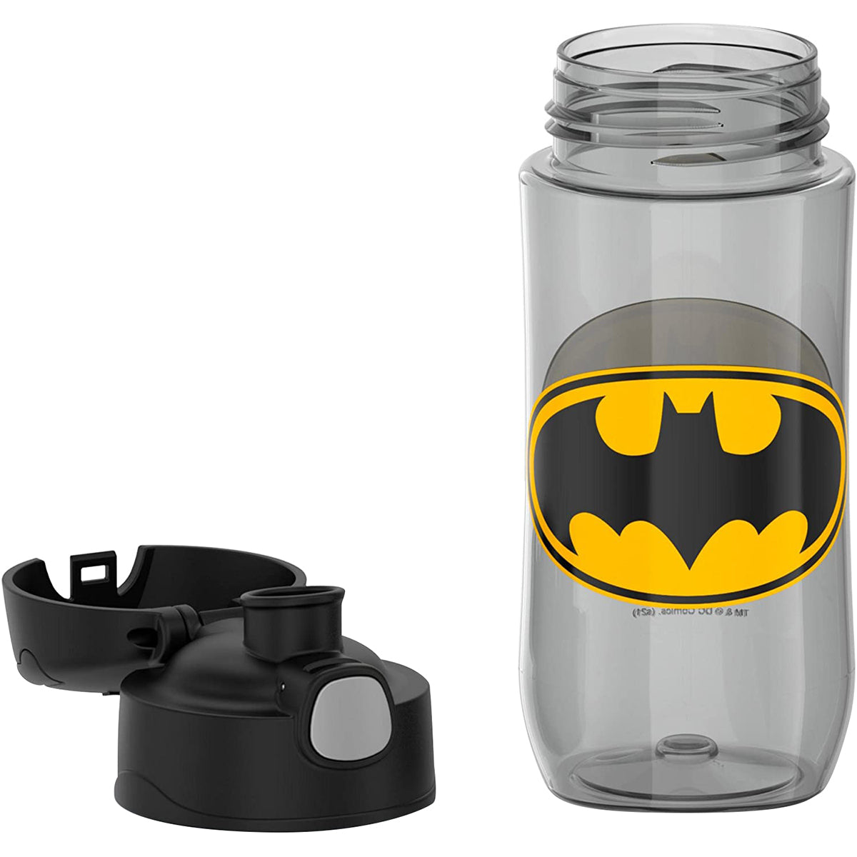 Clear water bottle with Batman logo and black cap on a white background