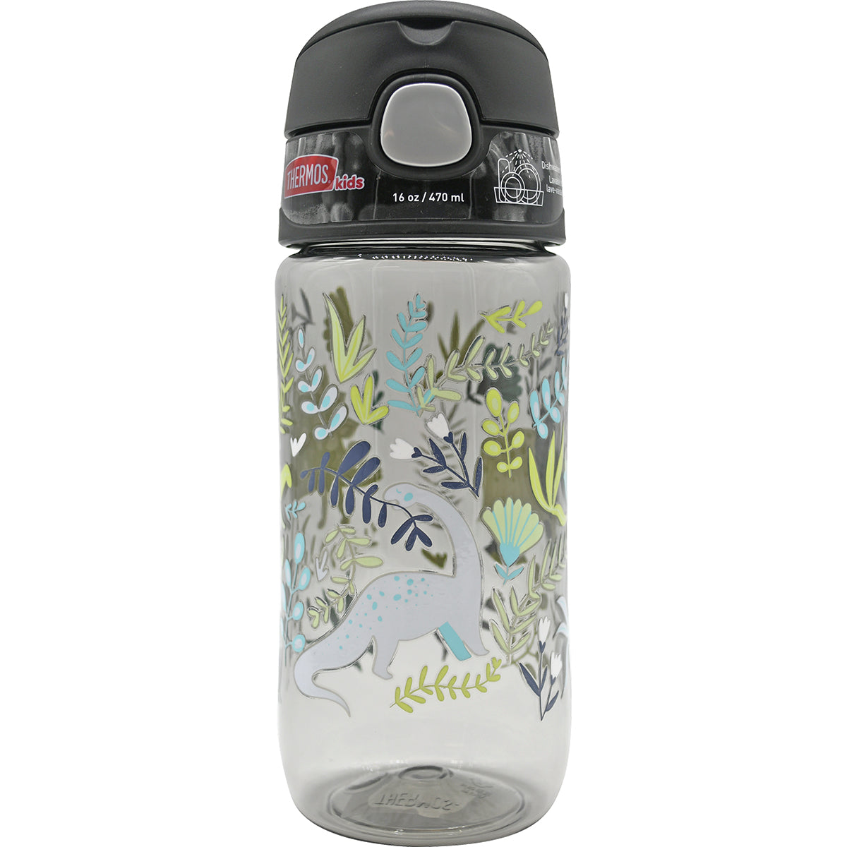 Clear water bottle with dinosaur design and black lid on a white background