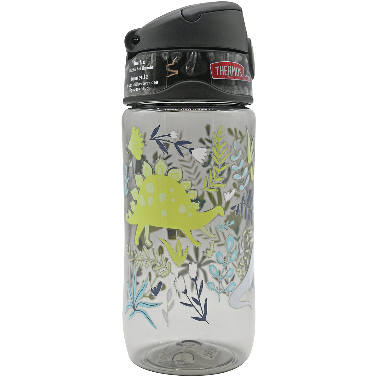 Clear water bottle with dinosaur design and black lid on a white background