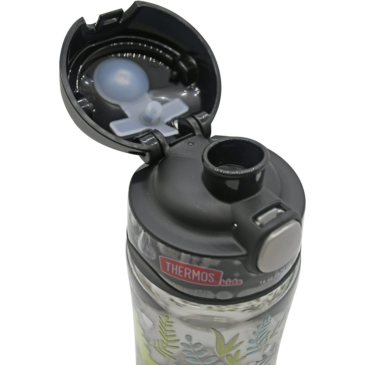 Thermos water bottle with floral design and open lid on a white background