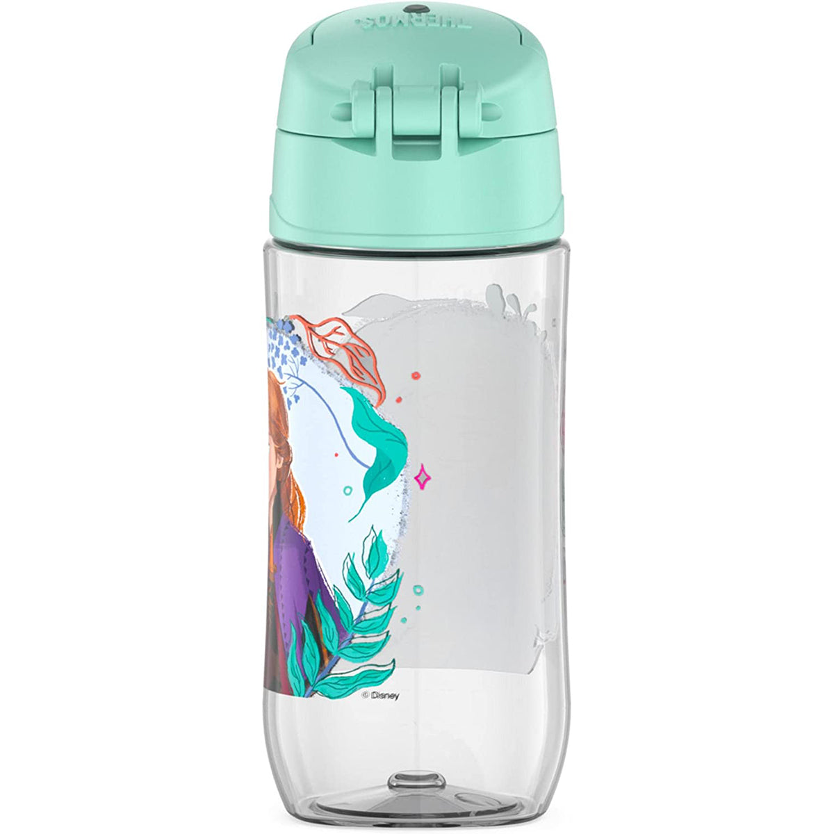 Clear water bottle with mermaid design and mint green lid on a white background