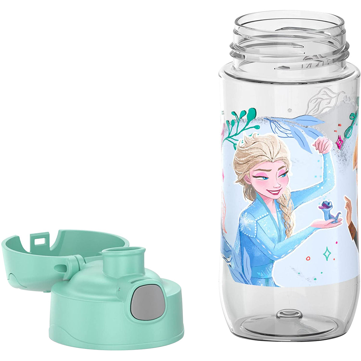 Clear water bottle with Disney Frozen design featuring Elsa and Anna, accompanied by a green cap.