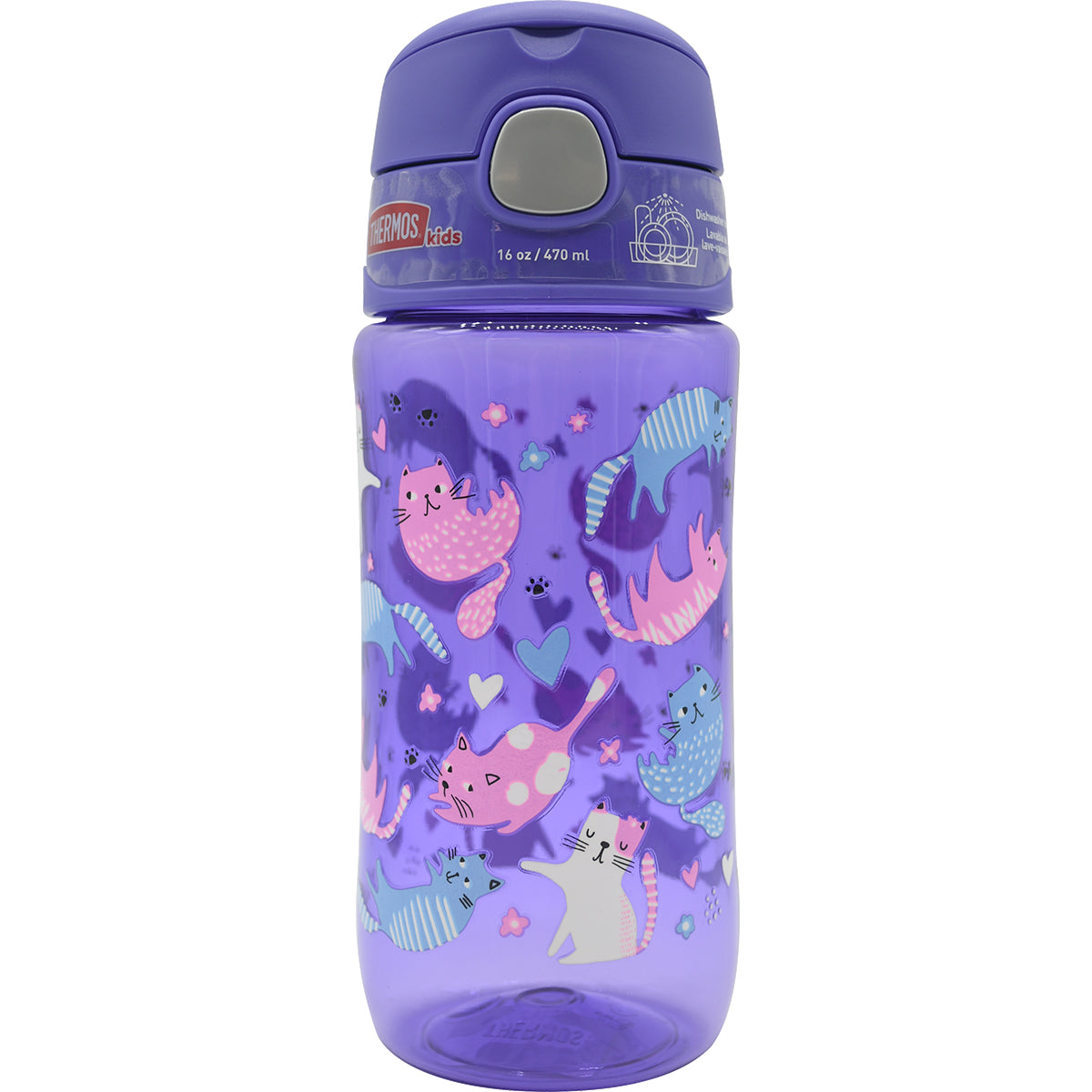 Purple water bottle with cat pattern on a white background