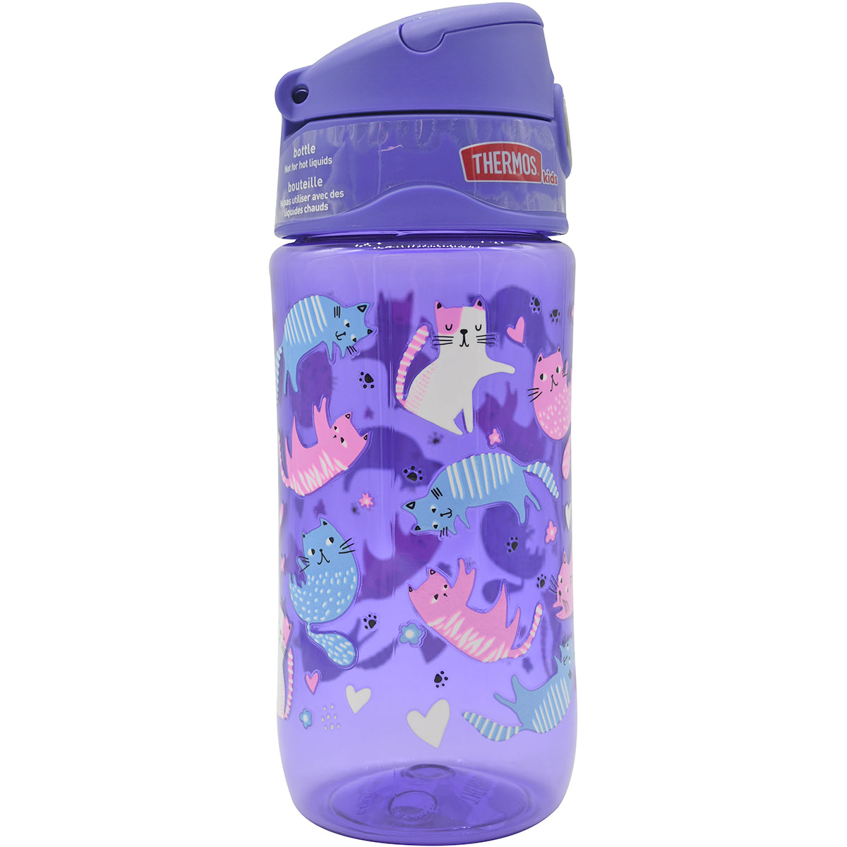 Purple thermos bottle with cat pattern on a white background