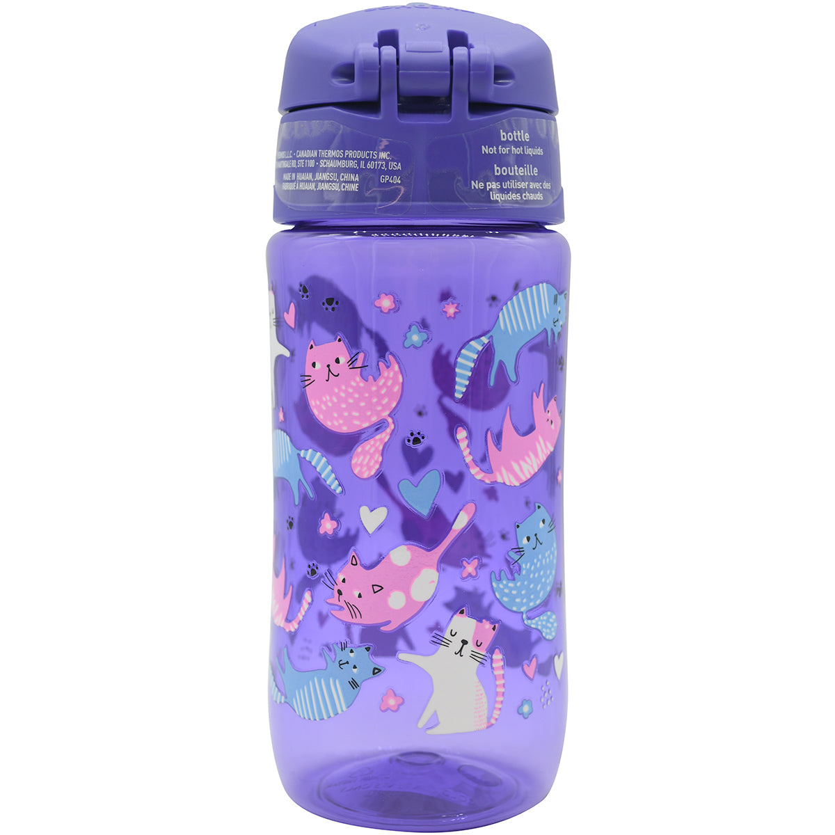 Purple water bottle with cat illustrations on a white background