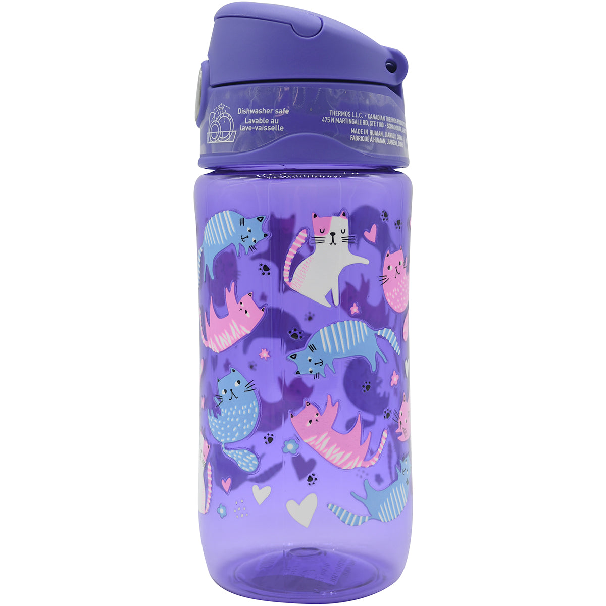 Purple water bottle with cat pattern on a white background