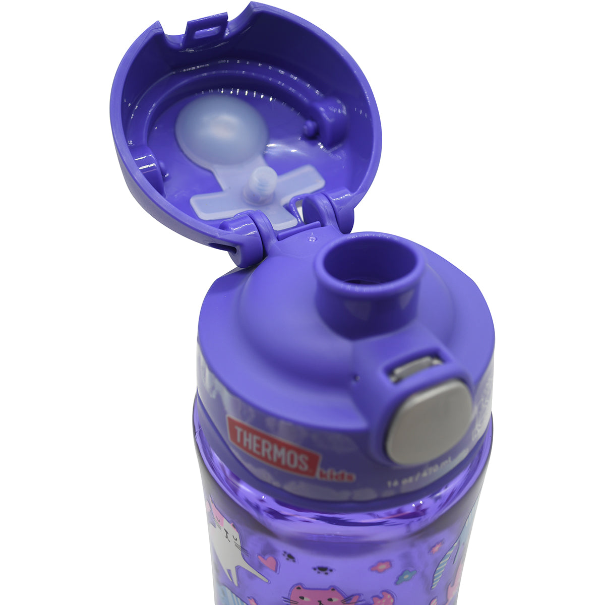 Purple Thermos water bottle with lid open on a white background