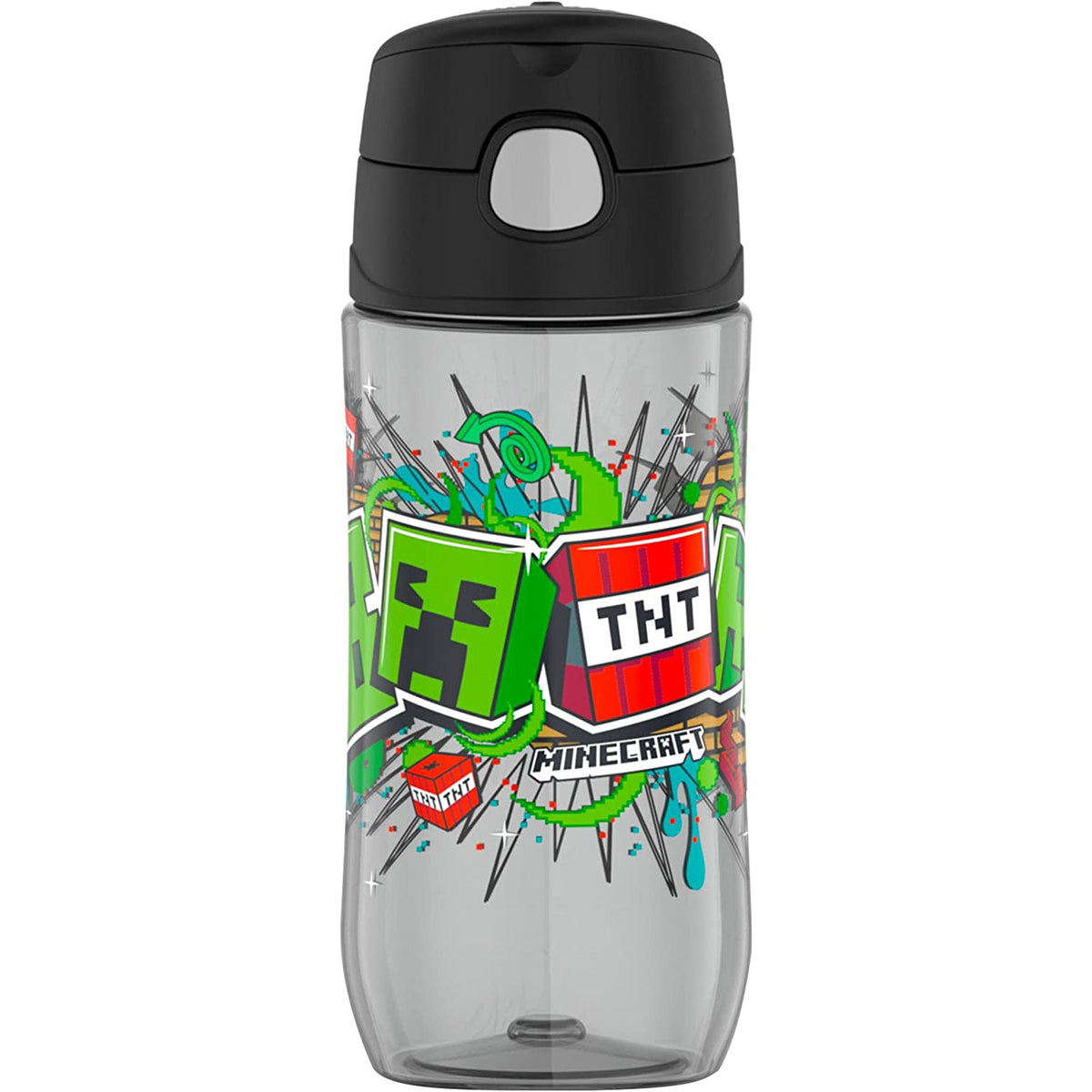 Clear water bottle with Minecraft-themed design featuring a creeper and TNT block on a white background.