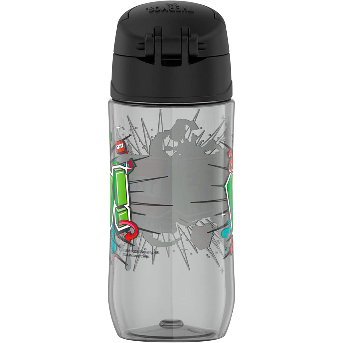 Clear water bottle with black lid featuring superhero design on a white background