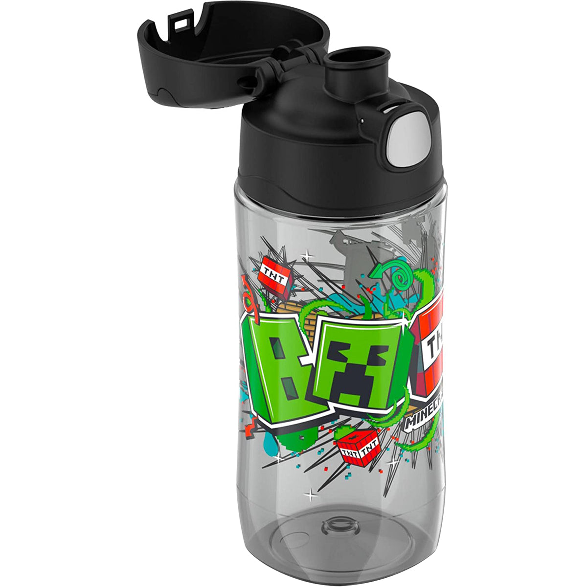 Clear water bottle with Minecraft-themed design and black lid on a white background