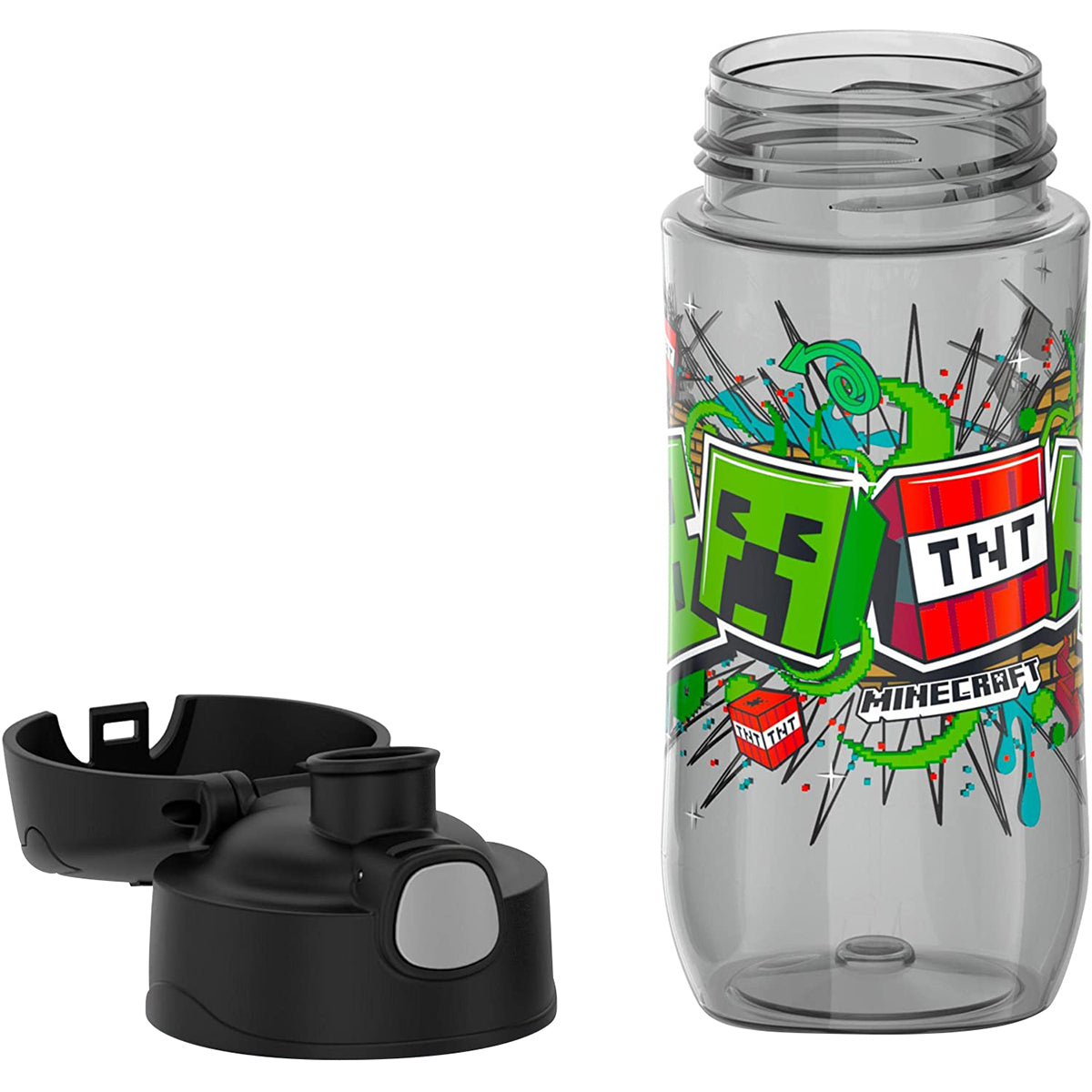 Clear water bottle with Minecraft-themed design and black cap on a white background
