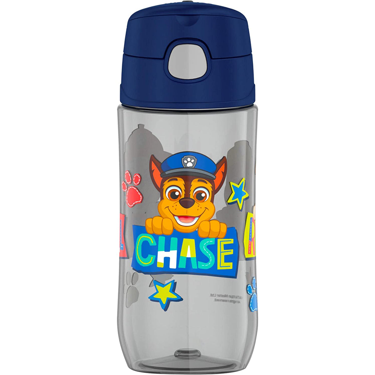 Clear water bottle with blue lid featuring a cartoon dog character and 'Chase' text on a white background