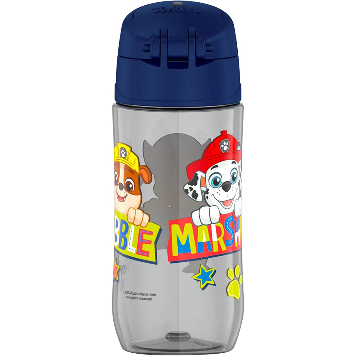 Clear water bottle with cartoon characters and blue lid on a white background