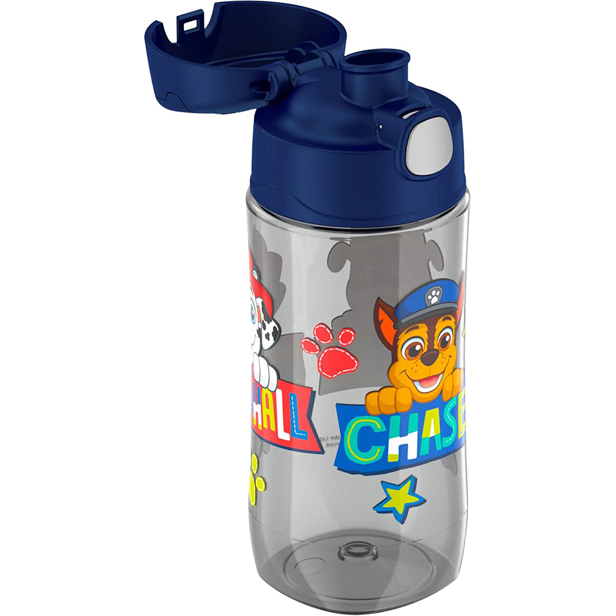 Clear water bottle with blue lid featuring Paw Patrol character on a white background