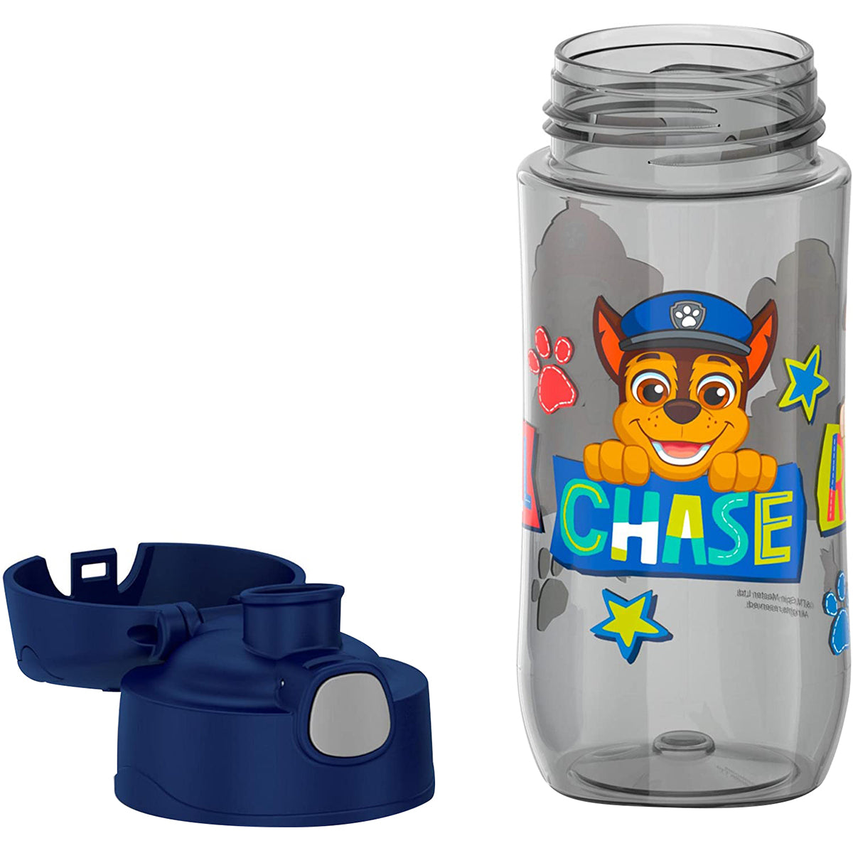 Clear water bottle with cartoon character and 'Chase' text, featuring a blue lid on a white background.