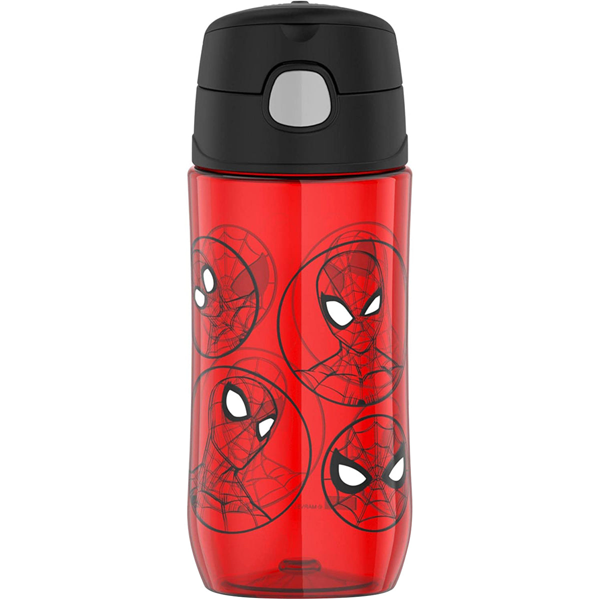 Red water bottle with Spider-Man design on a white background
