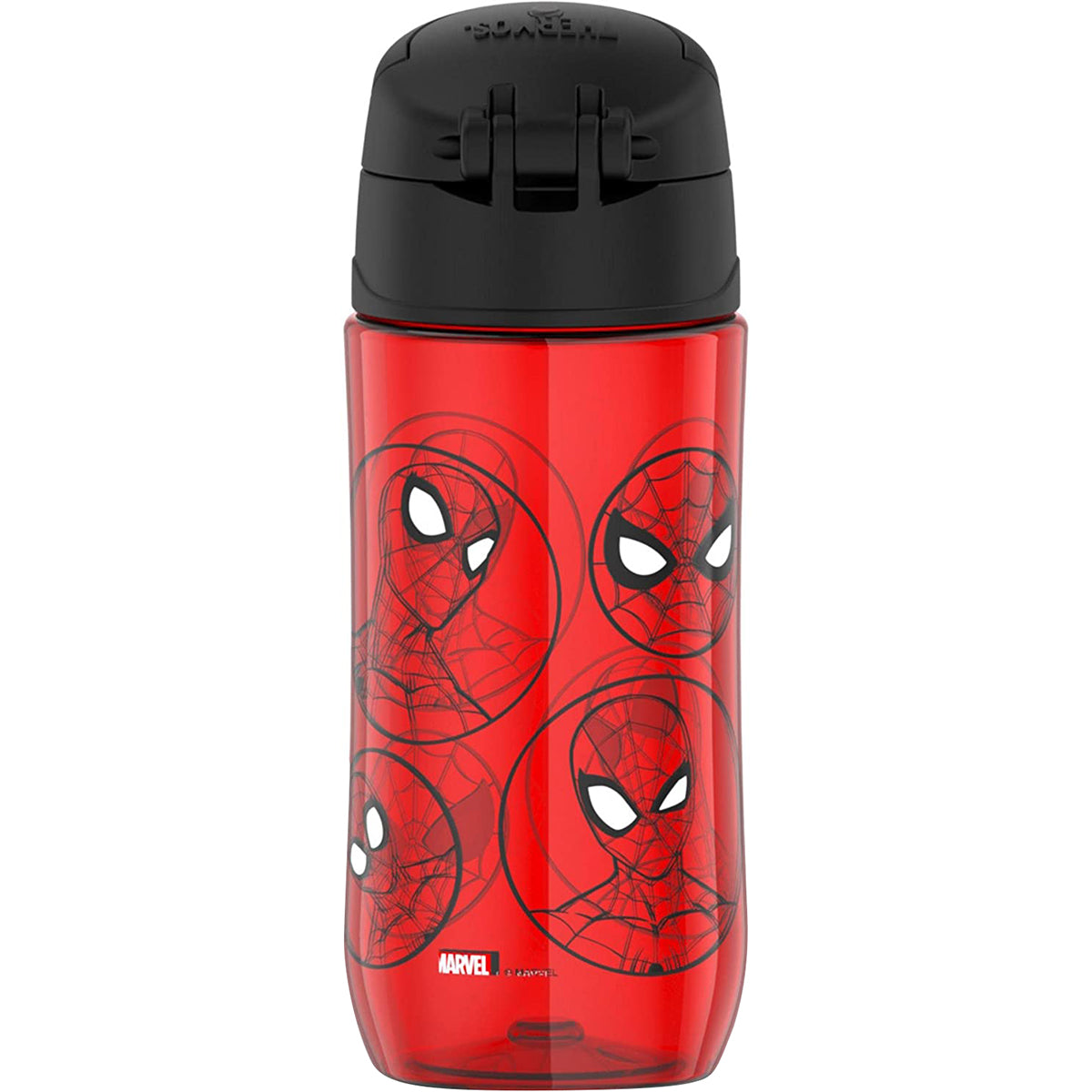 Red water bottle with black lid featuring Spider-Man logo on a white background