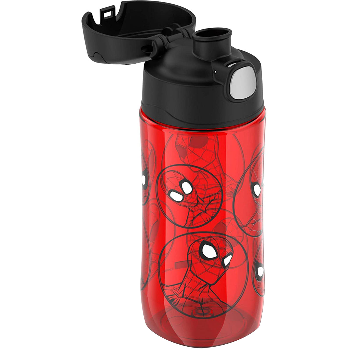Red water bottle with black lid featuring Spider-Man designs on a white background