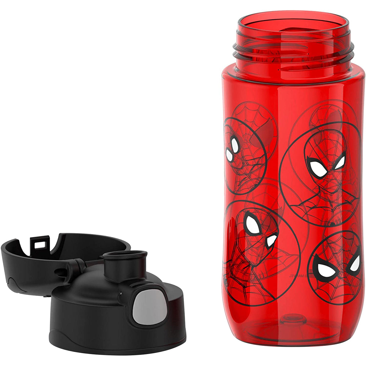 Red water bottle with Spider-Man design and black cap on a white background