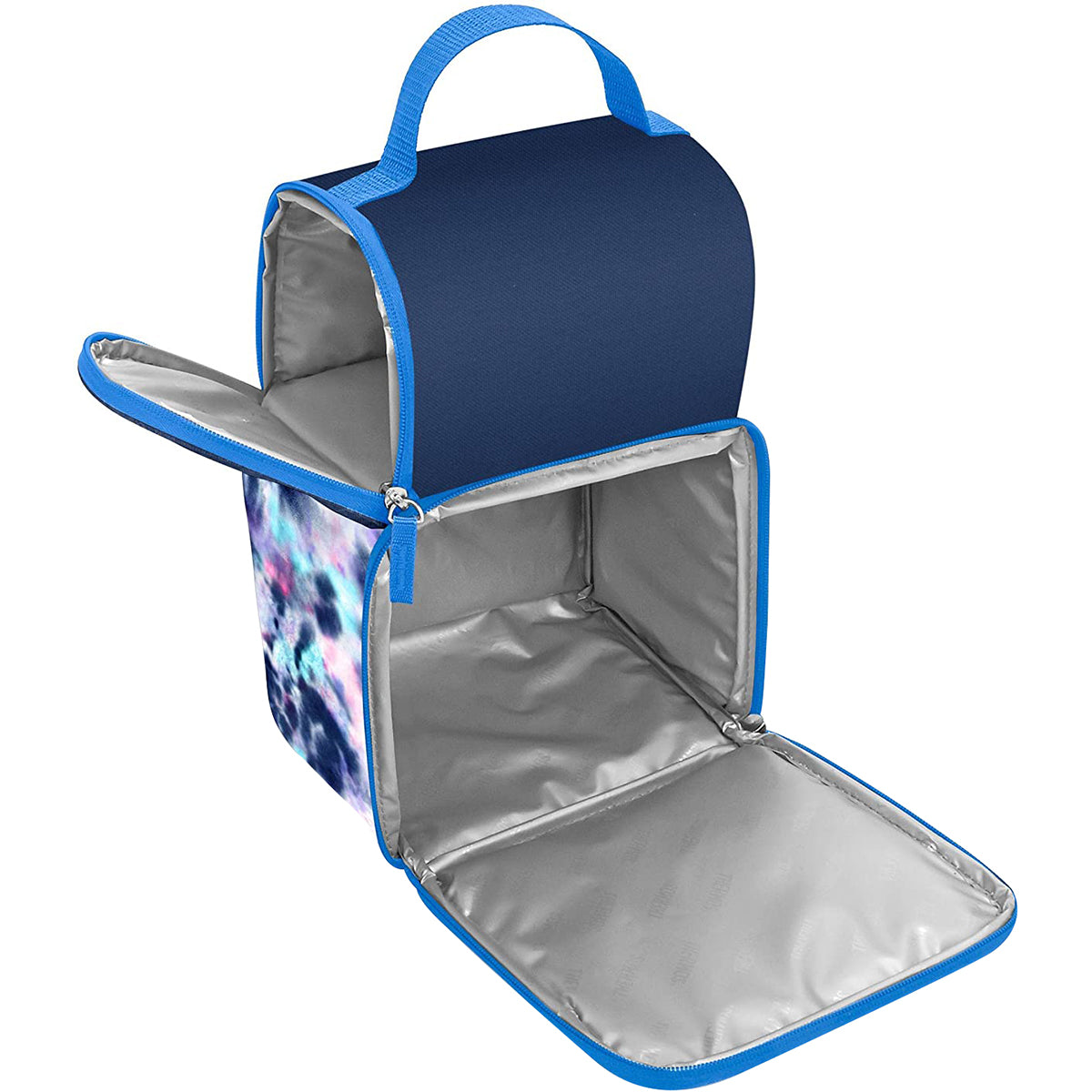 Blue insulated lunch bag with floral pattern on a white background