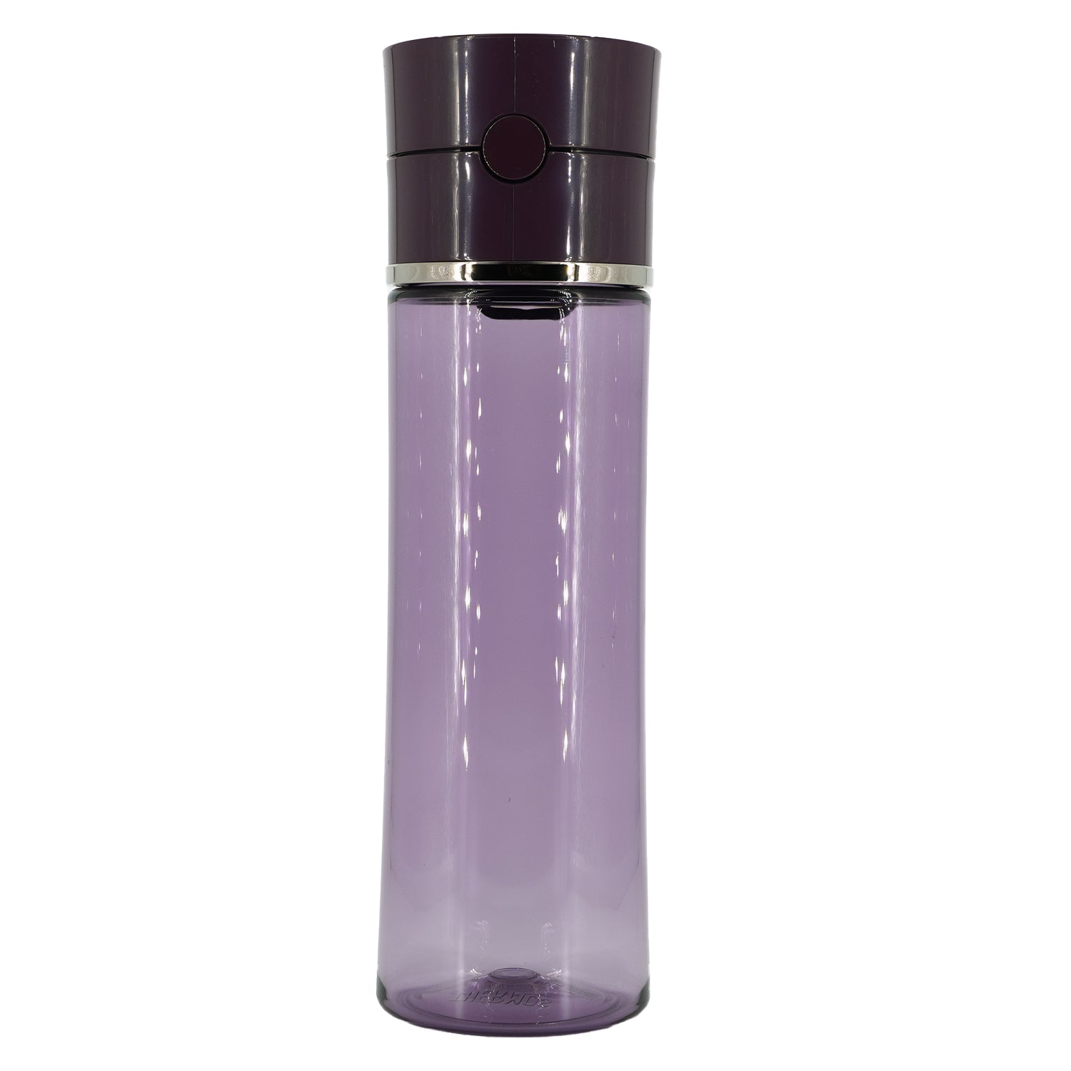 Purple water bottle with a dark cap on a white background