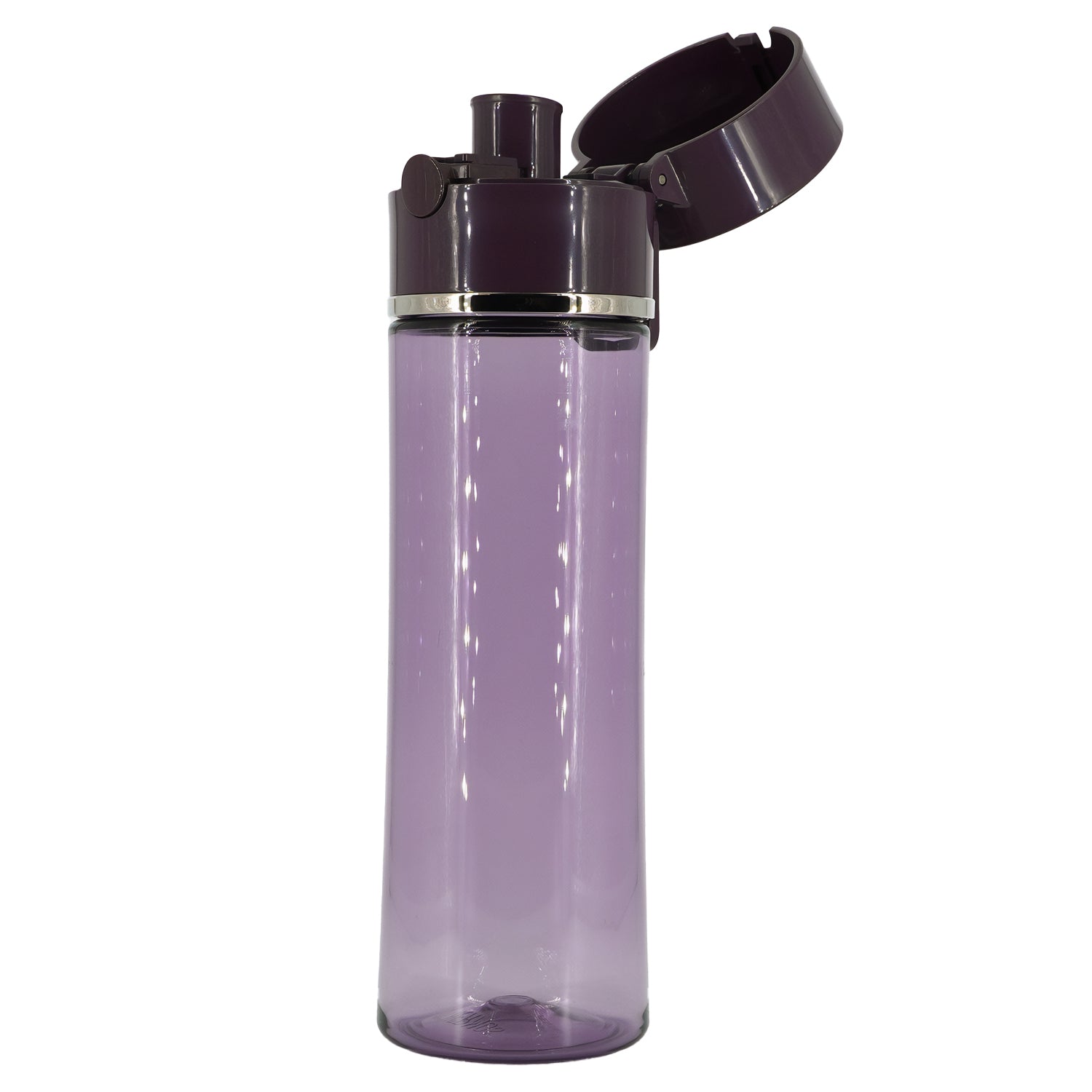 Purple water bottle with a black cap on a white background