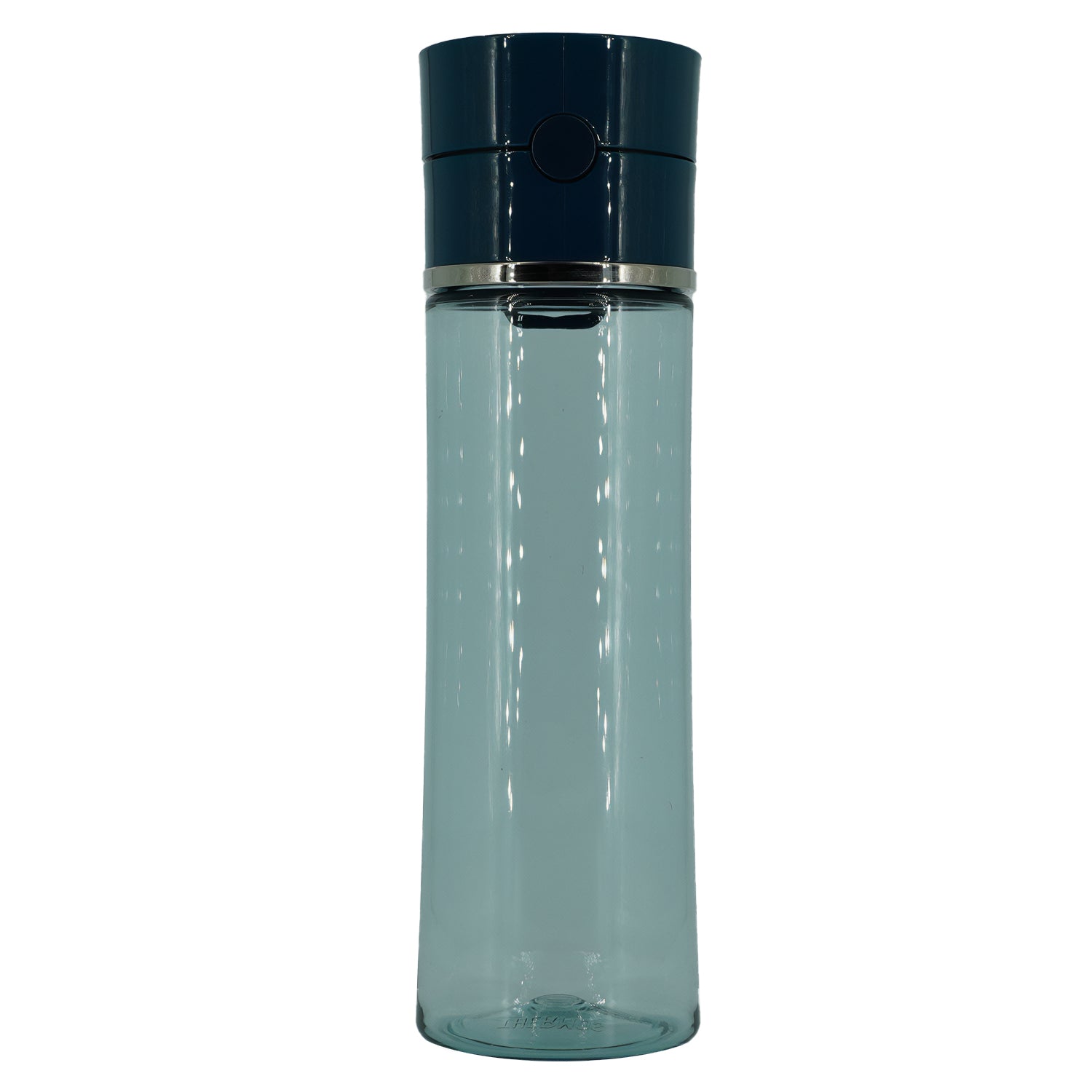 Clear water bottle with a dark blue cap on a white background