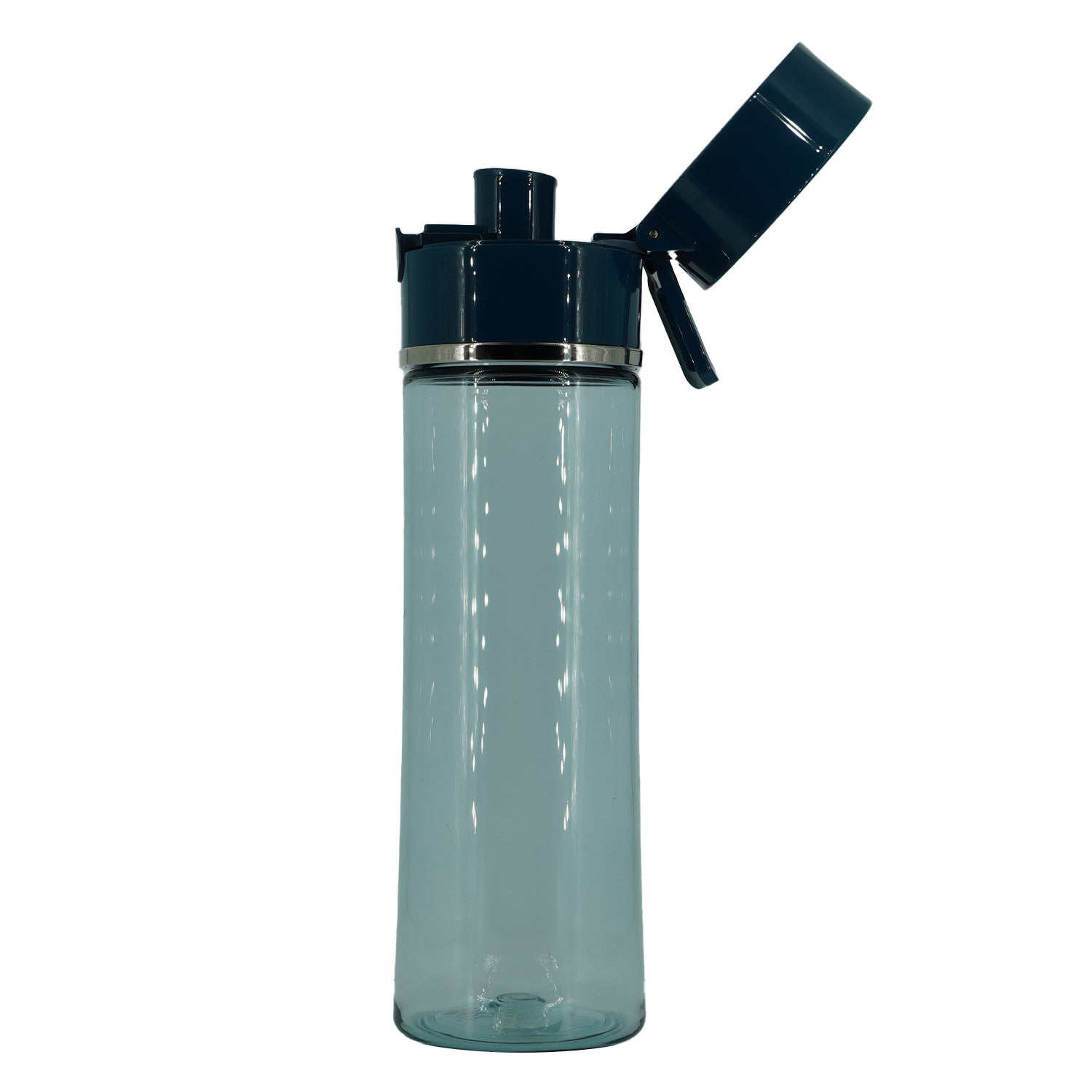 Clear water bottle with a black lid on a white background