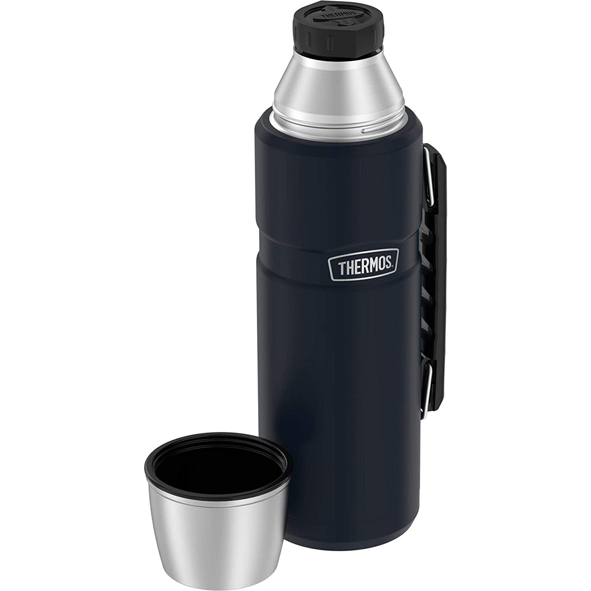 black thermos water bottle with lid off