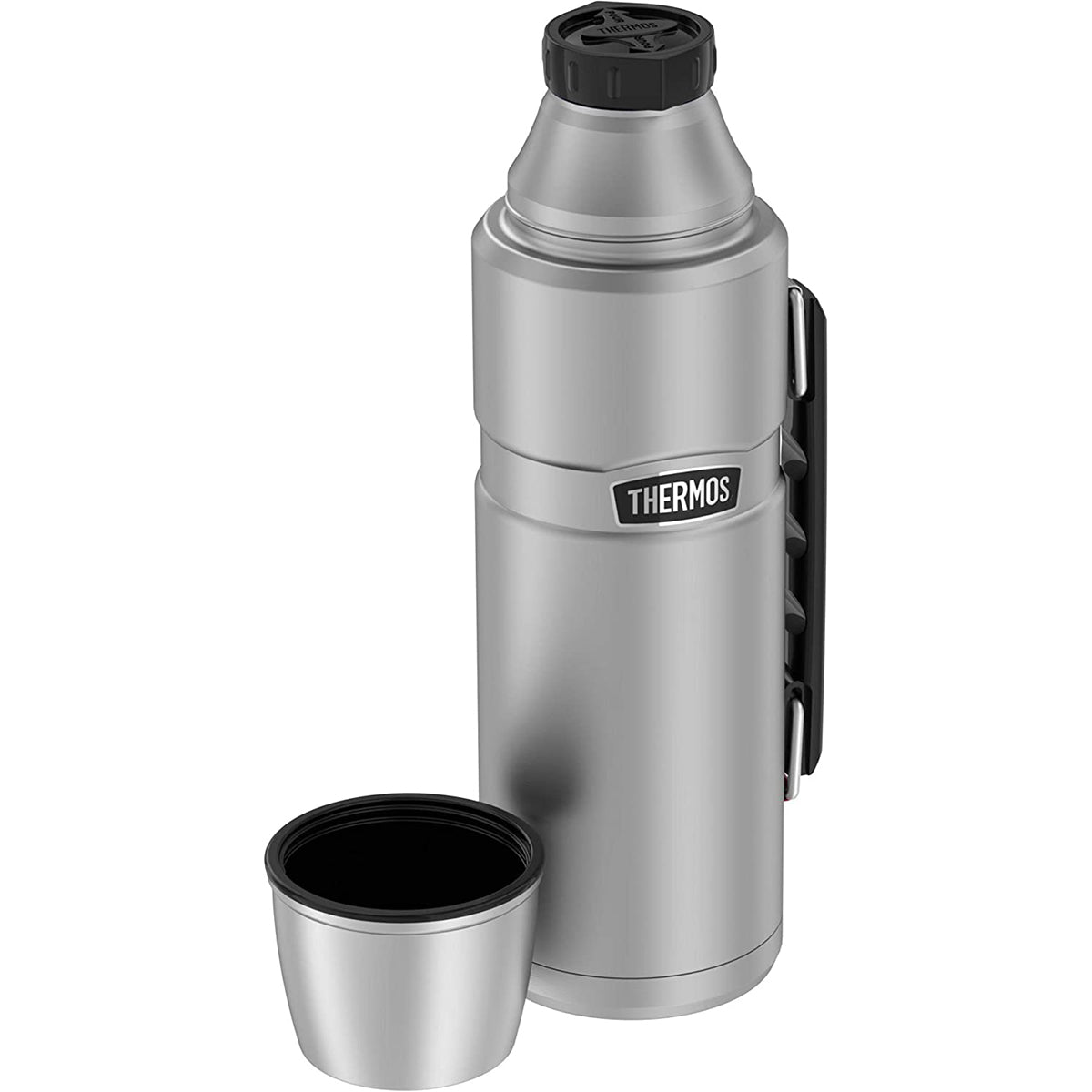 matte steel thermos water bottle with lid off